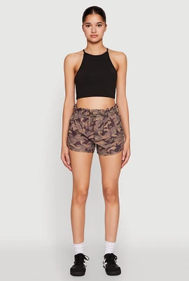 Womens Camo Print Drawstring Dolphin Shorts, Brown, Size L