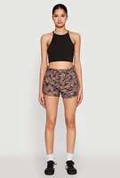 Womens Camo Print Drawstring Dolphin Shorts, Brown, Size L