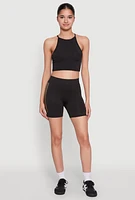 Womens Foil Screen Varsity Stripe Biker Shorts, Black, Size L-XL