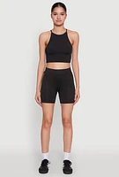 Womens Foil Screen Varsity Stripe Biker Shorts, Black, Size L-XL