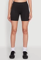 Womens Foil Screen Varsity Stripe Biker Shorts, Black, Size L-XL