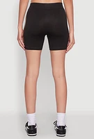 Womens Foil Screen Varsity Stripe Biker Shorts, Black, Size L-XL