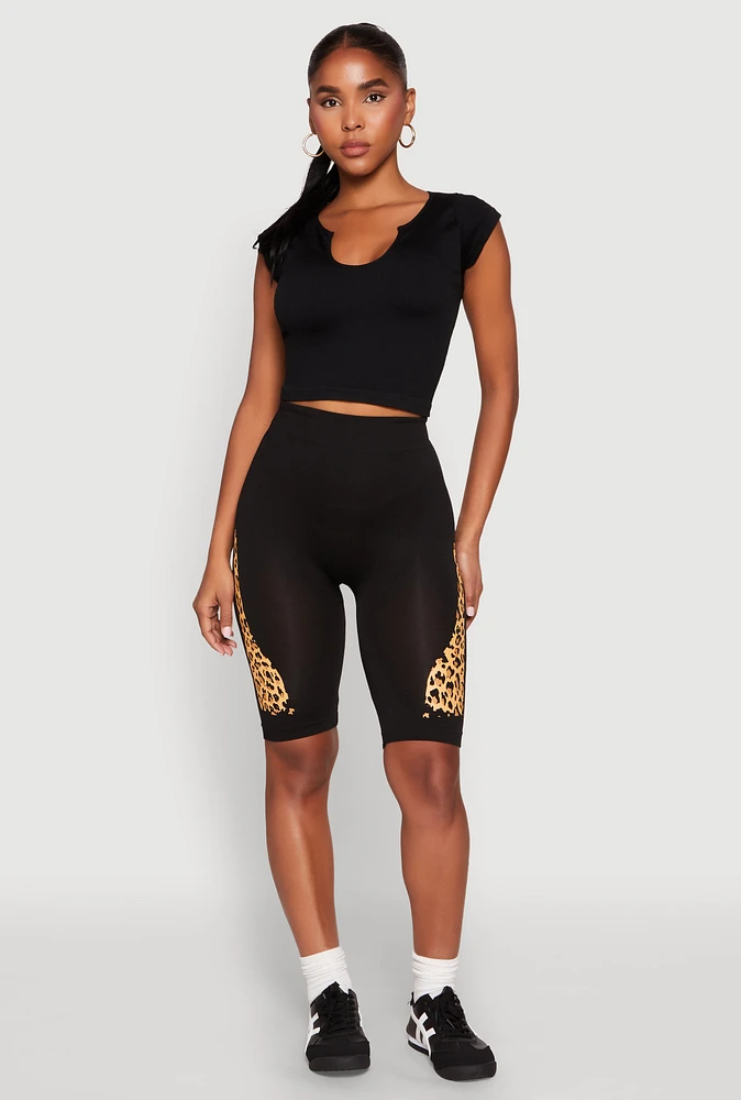 Womens Seamless Leopard Print Detail Bike Shorts, Multi, Size S-M
