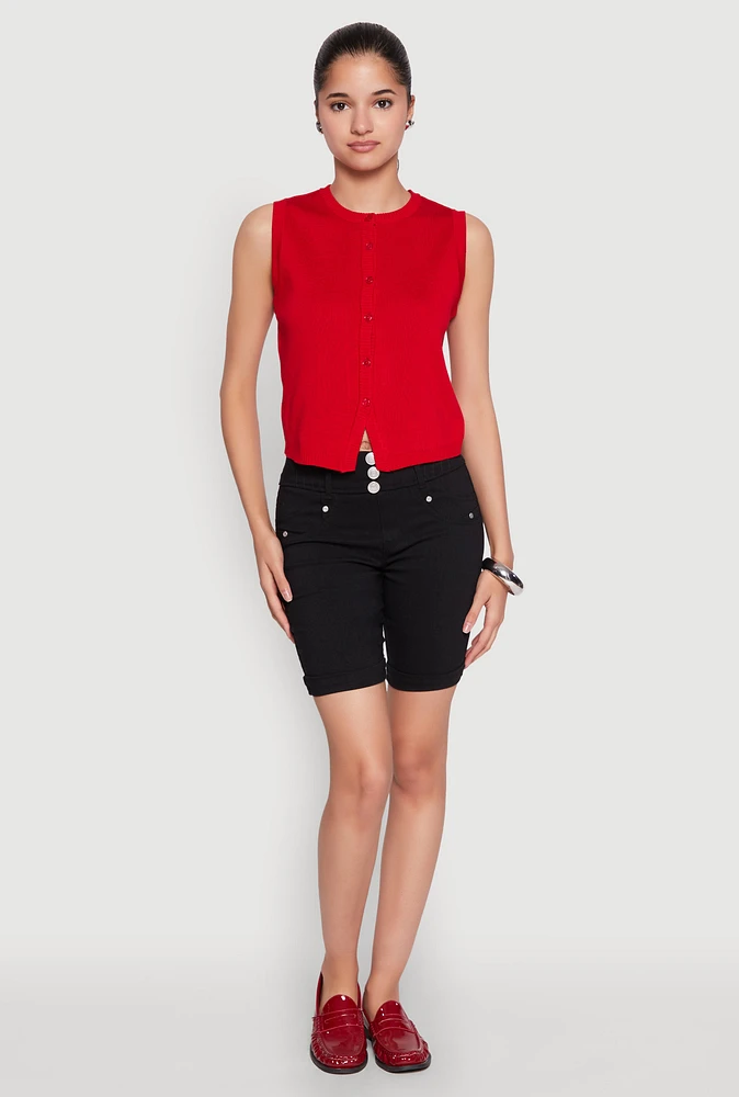 Womens Hyper Stretch Faux Button Bermuda Shorts, Black,