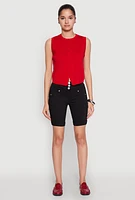 Womens Hyper Stretch Faux Button Bermuda Shorts, Black, Size L