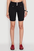 Womens Hyper Stretch Faux Button Bermuda Shorts, Black,