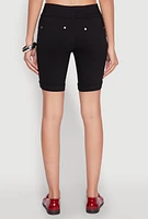 Womens Hyper Stretch Faux Button Bermuda Shorts, Black, Size L