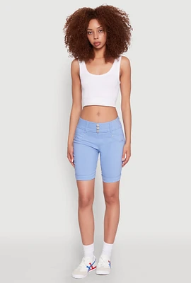 Womens Hyper Stretch Faux Button Bermuda Shorts, Blue, Size L
