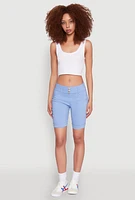 Womens Hyper Stretch Faux Button Bermuda Shorts, Blue, Size L