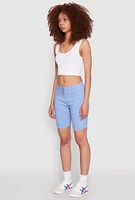 Womens Hyper Stretch Faux Button Bermuda Shorts, Blue, Size L