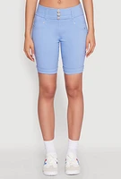 Womens Hyper Stretch Faux Button Bermuda Shorts, Blue, Size L