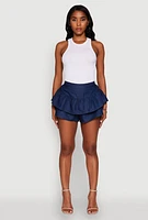 Womens Stylish Chambray Tiered High Waisted Ruffle Shorts, Blue, Size XL
