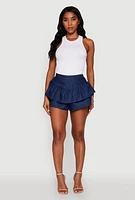 Womens Stylish Chambray Tiered High Waisted Ruffle Shorts, Blue, Size XL