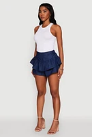 Womens Stylish Chambray Tiered High Waisted Ruffle Shorts, Blue, Size XL