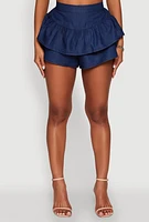 Womens Stylish Chambray Tiered High Waisted Ruffle Shorts, Blue, Size XL