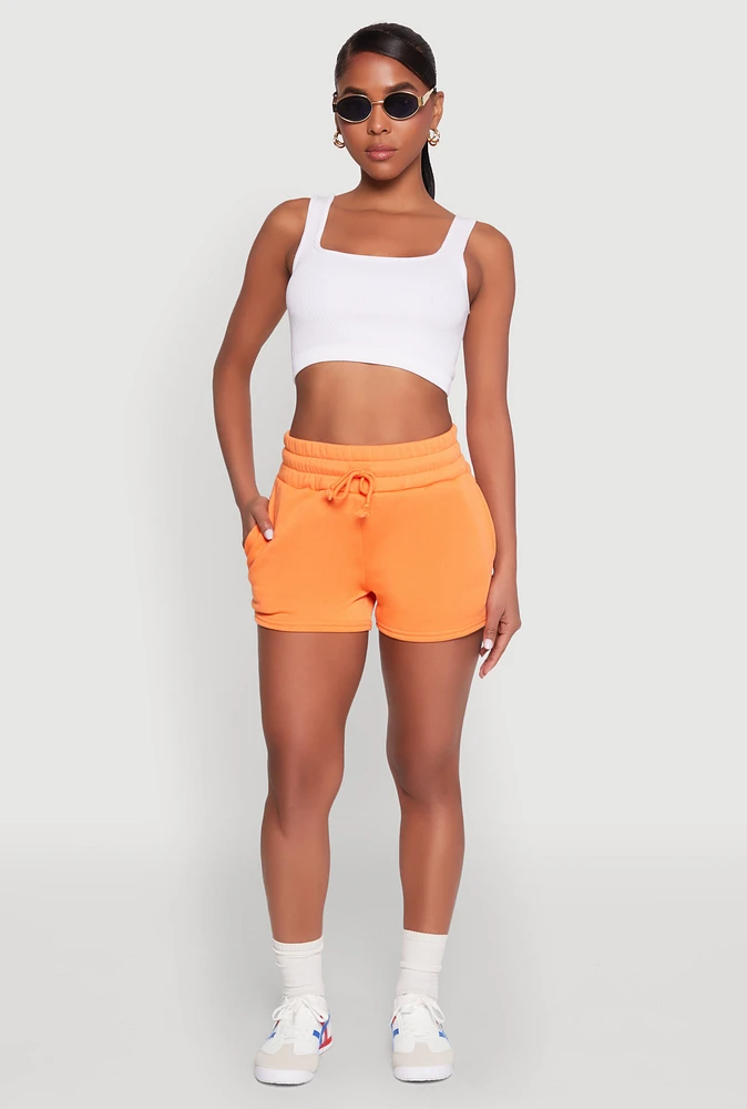 Womens Fleece High Waisted Drawstring Shorts, Orange, Size L