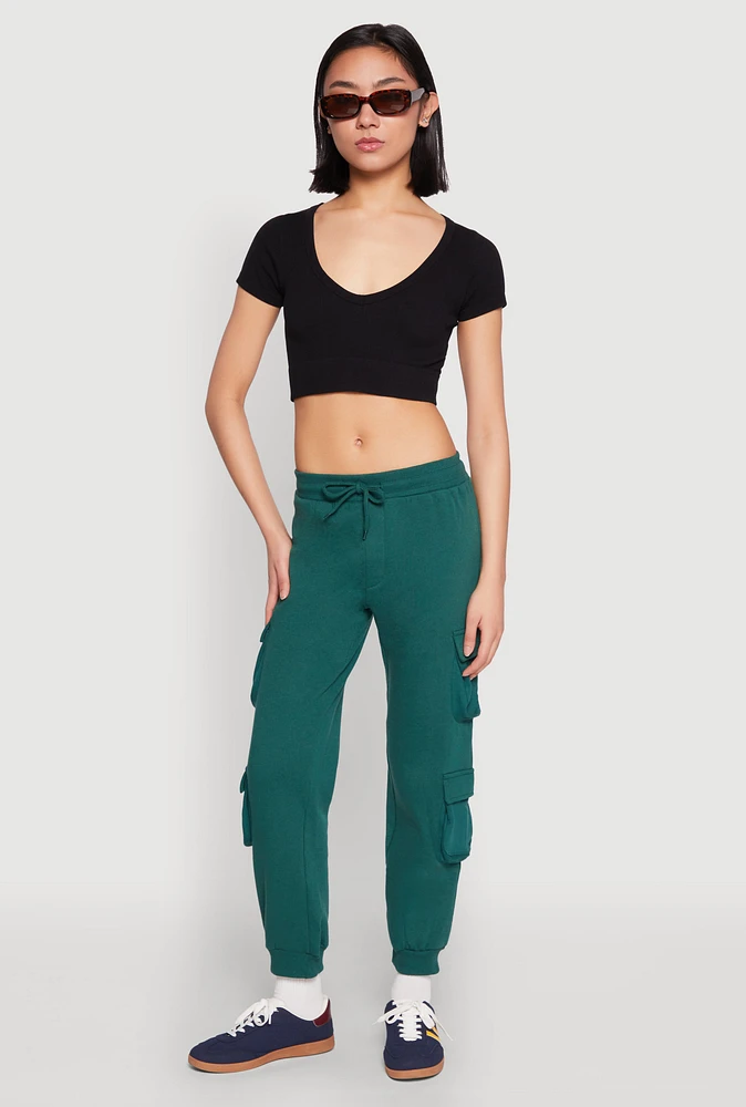 Womens Fleece Lined Cargo Drawstring Joggers, Green, Size M