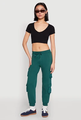 Womens Fleece Lined Cargo Drawstring Joggers, Green, Size M