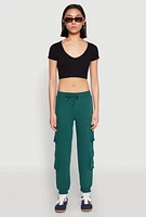 Womens Fleece Lined Cargo Drawstring Joggers, Green, Size M