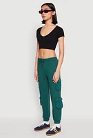 Womens Fleece Lined Cargo Drawstring Joggers, Green, Size M