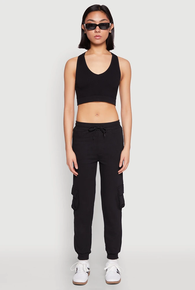 Womens Fleece Cargo Drawstring Joggers, Black, Size M