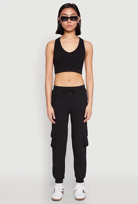 Womens Fleece Cargo Drawstring Joggers, Black, Size M