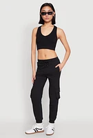 Womens Fleece Cargo Drawstring Joggers, Black, Size M