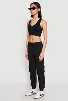 Womens Fleece Cargo Drawstring Joggers, Black, Size M