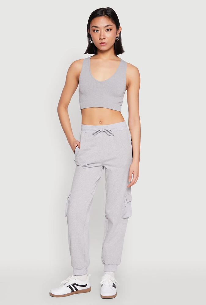 Womens Fleece Cargo Drawstring Joggers, Grey, Size M