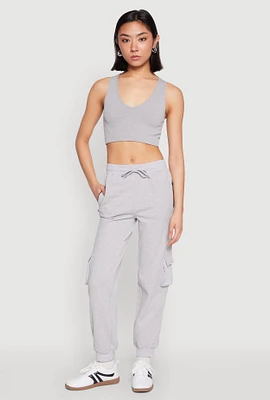 Womens Fleece Cargo Drawstring Joggers, Grey, Size M