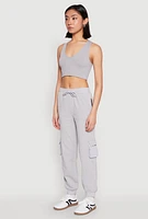 Womens Fleece Cargo Drawstring Joggers, Grey, Size M