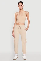Womens Fleece Cargo Drawstring Joggers, Khaki, Size S