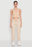 Womens Fleece Cargo Drawstring Joggers, Khaki, Size S