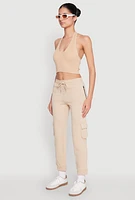 Womens Fleece Cargo Drawstring Joggers, Khaki, Size S