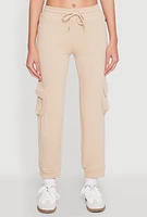 Womens Fleece Cargo Drawstring Joggers, Khaki, Size S