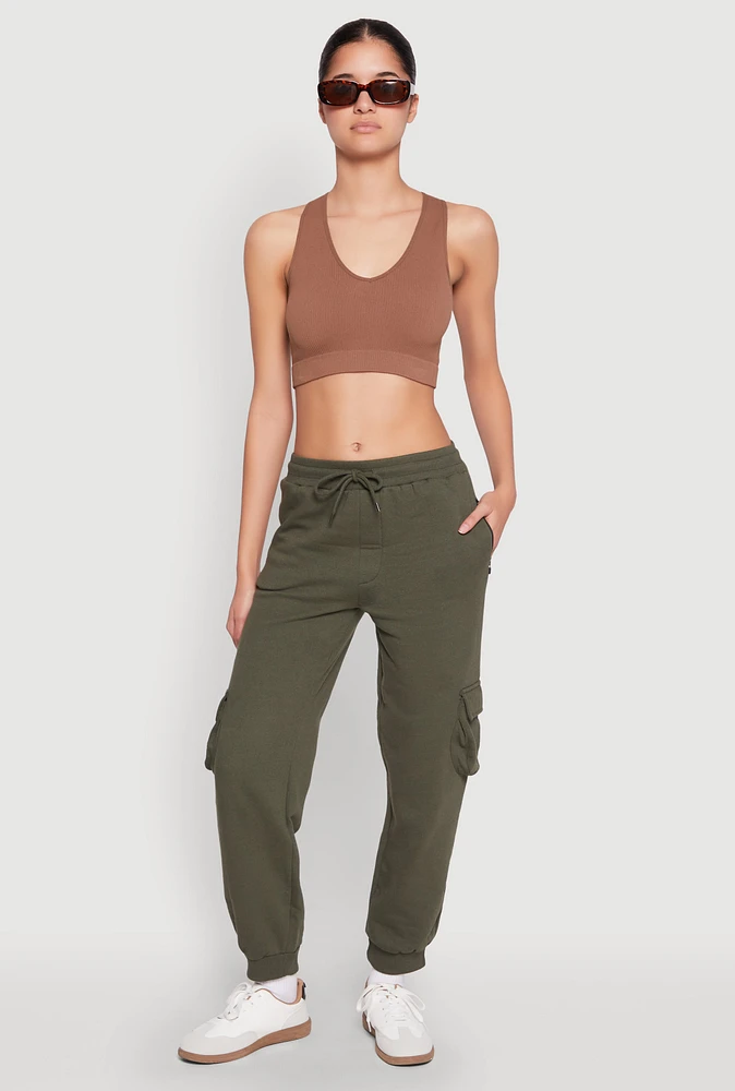 Womens Fleece Cargo Drawstring Joggers,