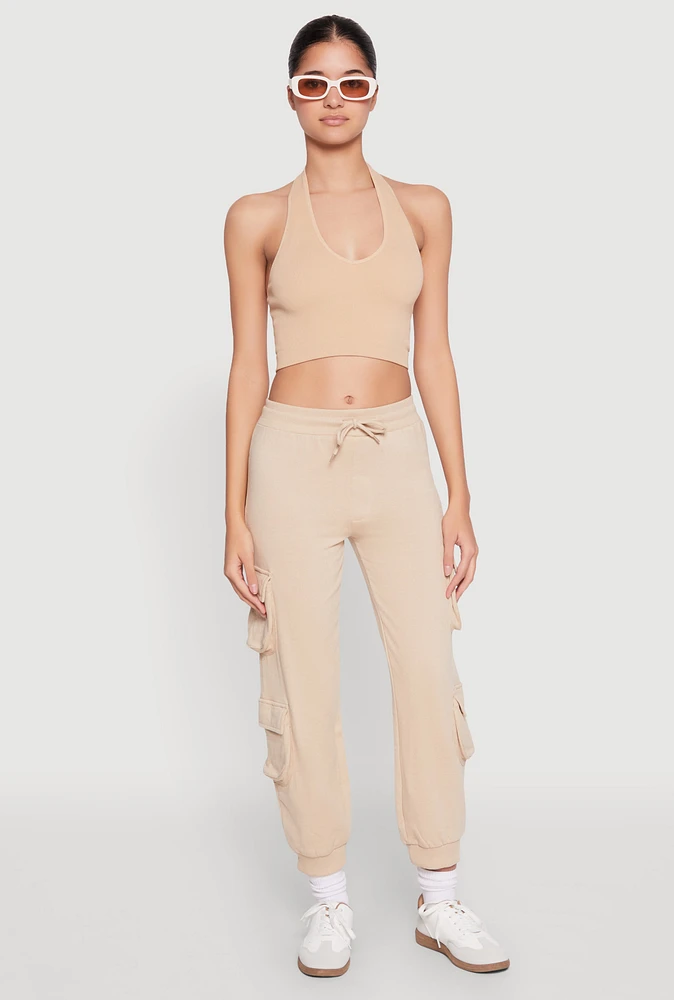 Womens Fleece Ruched Hem Cargo Sweatpants, Khaki, Size XL