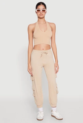 Womens Fleece Ruched Hem Cargo Sweatpants, Khaki, Size XL