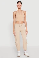 Womens Fleece Ruched Hem Cargo Sweatpants, Khaki, Size XL