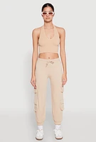 Womens Fleece Ruched Hem Cargo Sweatpants, Khaki, Size XL