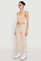 Womens Fleece Ruched Hem Cargo Sweatpants, Khaki, Size XL