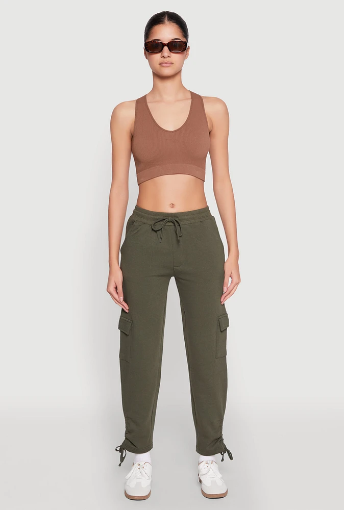 Womens Fleece Ruched Hem Cargo Sweatpants, Green, Size L