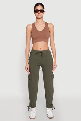 Womens Fleece Ruched Hem Cargo Sweatpants, Green, Size L