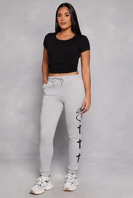Womens Blessed Cross Print Joggers, Grey,