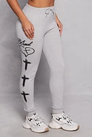 Womens Blessed Cross Print Joggers, Grey,