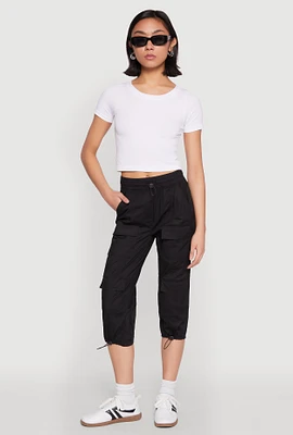 Womens Toggle Drawstring Hem Cargo Capris, Black, Size M