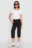 Womens Toggle Drawstring Hem Cargo Capris, Black, Size M