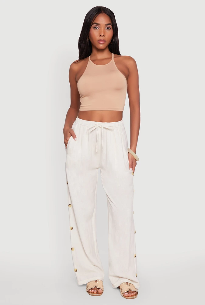 Womens Side Button Detail Linen Pants, White, Size XL