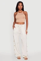 Womens Side Button Detail Linen Pants, White, Size XL