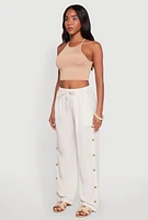 Womens Side Button Detail Linen Pants, White, Size XL